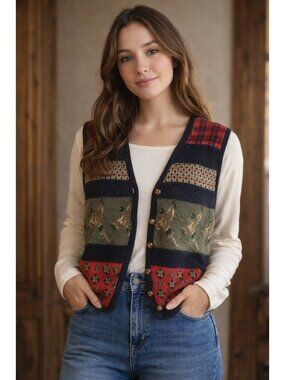 Vintage Robert Scott Vest Women M Tapestry Knit Bird Cottagecore Grandpa Chic